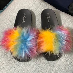 Rainbow fur sandals. Size 12.